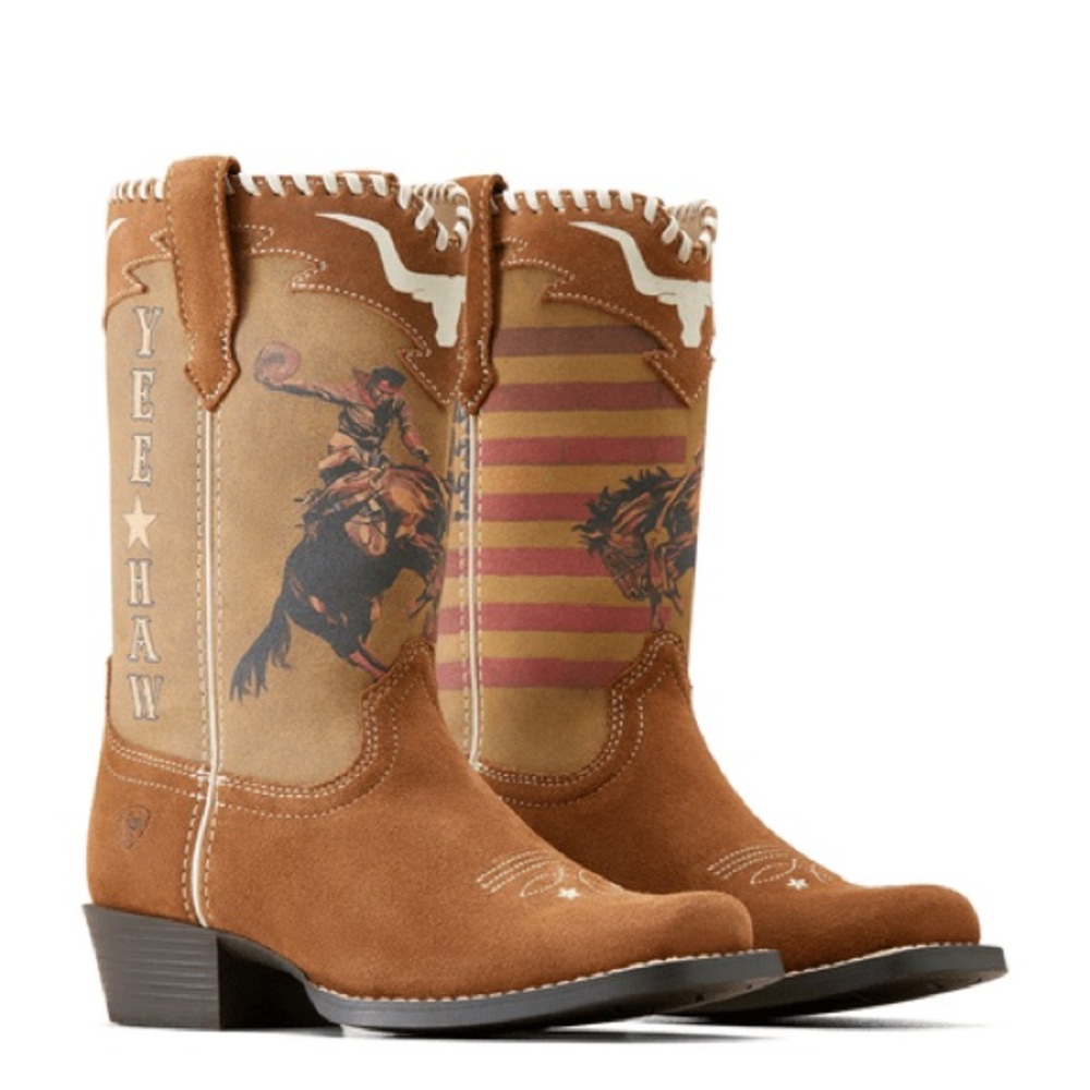 Ariat Tan Suede Ankle Boots with American Flag Graphic